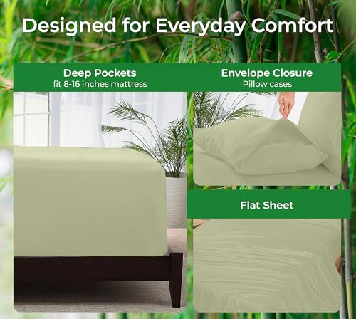 Image of Royale Linen Bamboo Viscose Queen Sheet Set - Cooling Bed Sheet Set - 1 Fitted 1 Flat & 2 Pillowcase - Fits Up to 16 - Organic Viscose Derived from Bamboo - Bedding Sheet &Pillowcase (Queen,SageGreen)