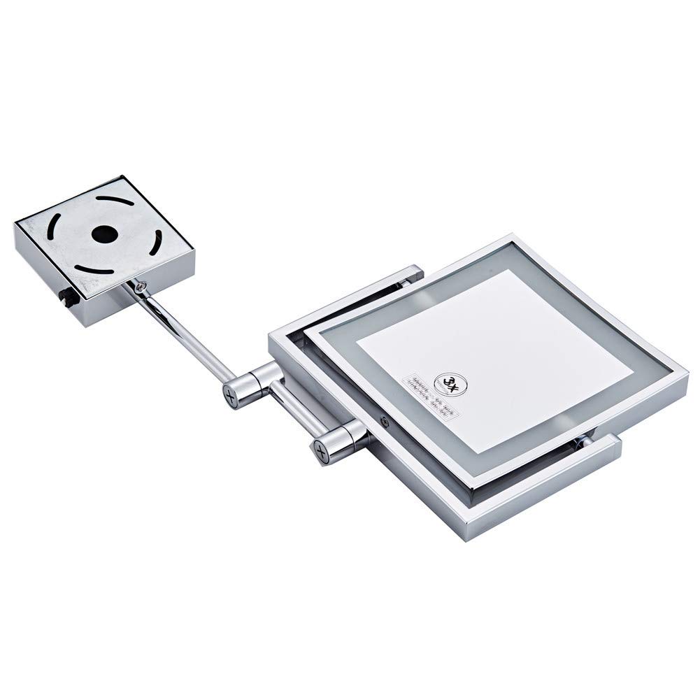 Espejo de maquillaje Montaje en pared, Espejo de baño plegable giratorio de 360 ° con Luz LED Espejo de afeitar cuadrado extensible de Doble Cara con Aumento de 3X,Rose Gold_8inch 3X (Silver
