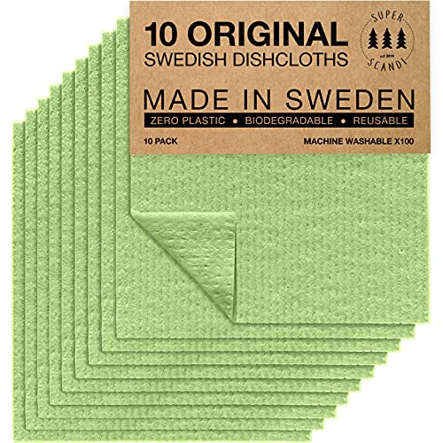 SUPERSCANDI 10 Piezas Paños de Cocina - 100% Biodegradables y Compostables | Trapos de Cocina Reutilizables, Aptos para Alimentos y Sin Plástico | Bayetas para Todas Las Superficies, Verde