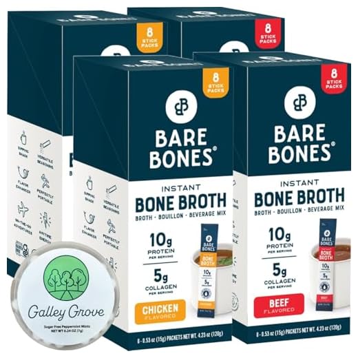 Bare Bone Instant Bone Broth Sticks Variety Pack, 32 Servings Chicken & Beef | Keto, Paleo, Collagen Rich, Protein Drink Mix | with Galley Grove Sugar-Free Breath Mints
