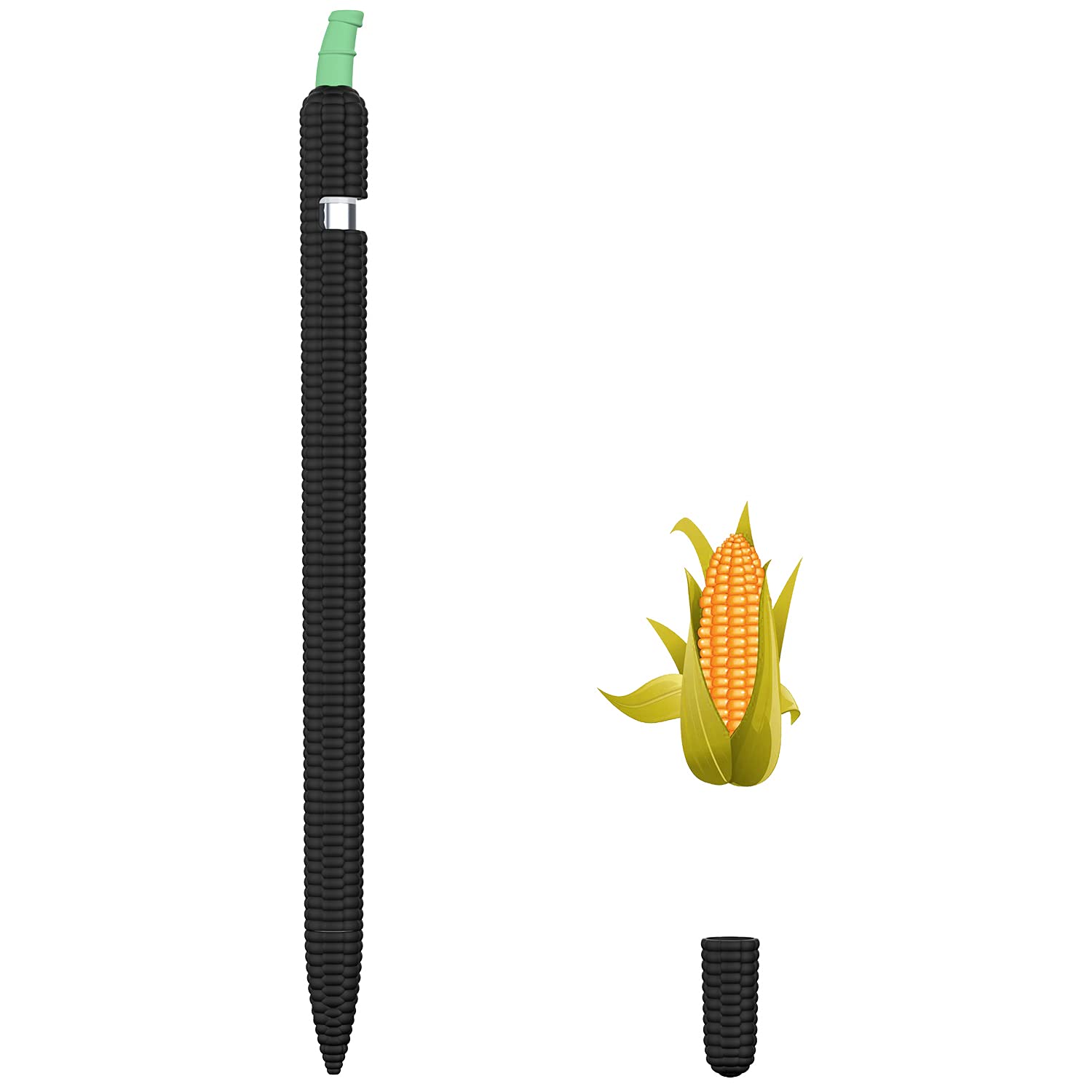 YINVA Case Cover Compatible with Apple Pencil 1st Generation, Cute Corn Grip Sleeve Accessories Compatible with Apple Pencil 1 Gen with Protective Nib Cap (Black)