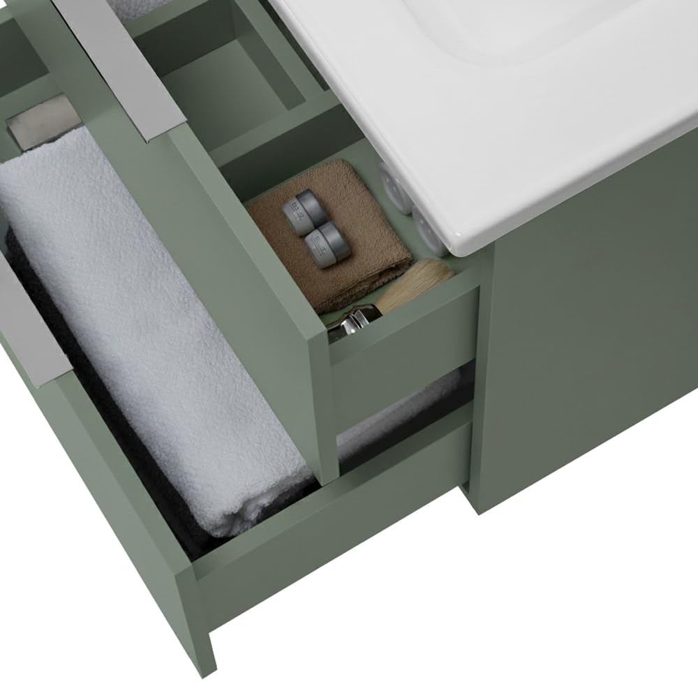 Inbagno Mobile Bagno Sospeso 80 Cm Verde Opaco Con 2 Cassetti Soft-Close Lavabo In Ceramica E Specchio Rettangolare – Linea Elva