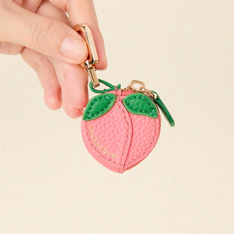 Peach Fruit Charm coin purse genuine leather cowskin cute keychain mini pouch for Airtag Wallet gift for girl women