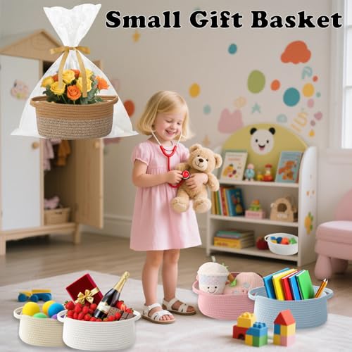 Image of Woven Rope Basket - Baby Gift Basket with Bag & Ribbon, Jute&Brown