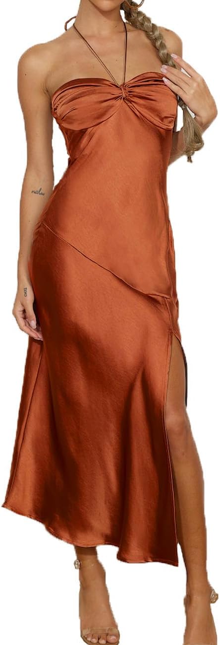 VUBIYA 2023 Summer Satin Tube Tops Slit Wedding Guest Dress for Women Elegant Sexy Strapless Halter Neck Midi Dresses