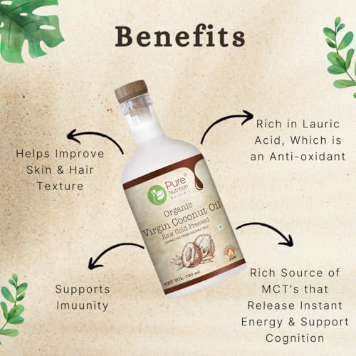 Image of Pure Nutrition Organic Virgin Coconut Oil, 750ml Glass Bottle | Raw Cold Pressed | 100% Pure | Nourishes Skin & Hair, Reduces Hair Fall, Ideal for Baby Massage, Wellness & Care