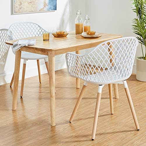 Canglong Modern Natural Wood Legs Easily Assemble Mid Century Molded Plastic Shell Arm Hollow Out Chair For Living, Bedroom, Kitchen, Dining, Waiting Room, Set Of 2,White #TOP6