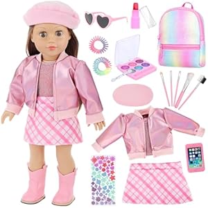 Ecore Fun 17 Pcs American 18 Inch Doll Accessories Cosmetic Set with Backpack & Outfits | Pretend Play Makeup Kit for 18" Dolls | Includes Lipstick, Eyeshadow, Brushes, Accessories & Stylish