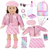 Ecore Fun 17 Pcs American 18 Inch Doll Accessories Cosmetic Set with Backpack & Outfits | Pretend Play Makeup Kit for 18' Dolls | Includes Lipstick, Eyeshadow, Brushes, Accessories & Stylish Clothes