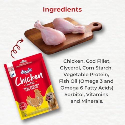 Image of Drools Adult & Puppy Dog Cod Roll Treats 70g | Real Chicken Flavour | Rich in Protein | No Artificial Preservatives | Best for Training & Bonding | All Breed