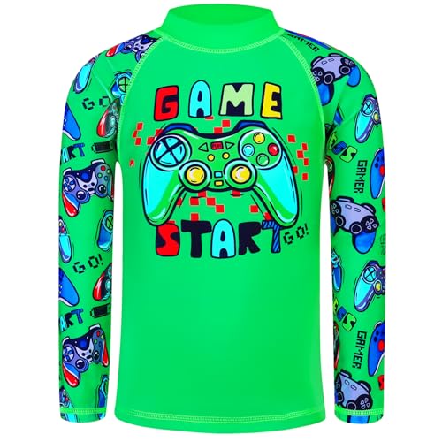 Image of TFJH E Boys Long Sleeve Rash Guard 2 Piece Swim Set UPF 50+ Age 3-14 | Soft Breathable, UV 50+, quick dry. Bright colorful prints kids love. Perfect for pool, beach, summer. active play.