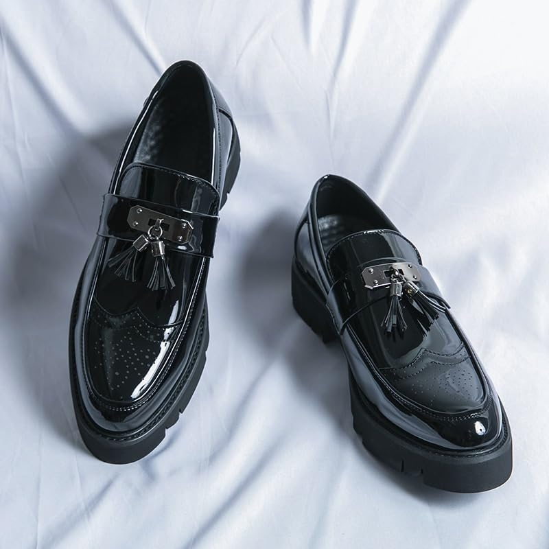 Men's Patent Leather Brogue Slip-On Platform Loafer Shoes with Tassel Fashion Round Toe Low Top Lug Sole Non-Slip Business Dress Shoes4