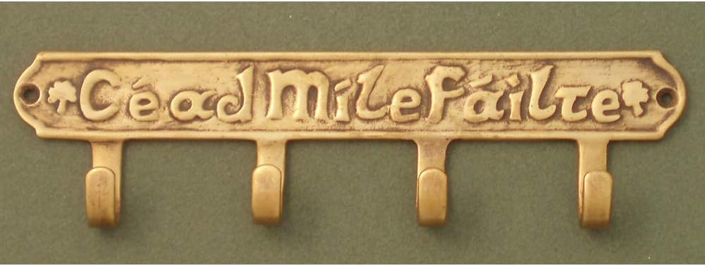 Cead Mile Failte Key Holder w/4 Hooks/Antique Brass