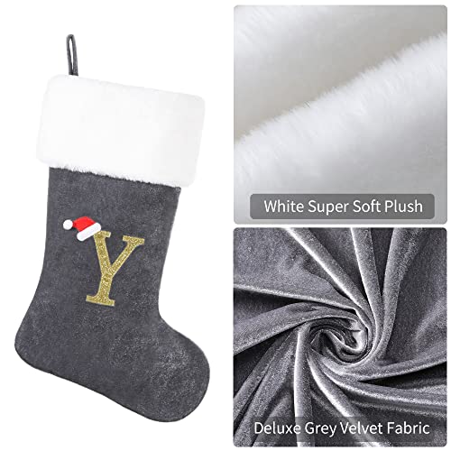 Siriphum 20 Inches Monogram Christmas Stocking Deluxe Grey Velvet Body With Super Soft Plush Cuff Embroidered Letter(A) #TOP2