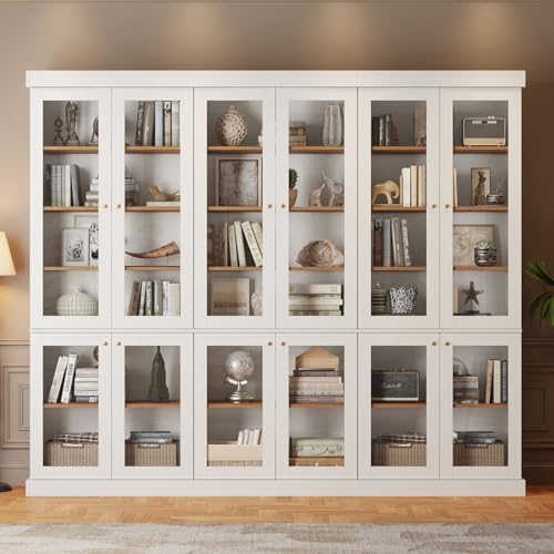 Image of ivaniti 70.8 inch Bookshelf with Glass Doors, Farmhouse Modular Bookcase with 6-Tier Adjustable Shelves, Large Storage Cabinet for Living Room & Home Office, Set of 3, White