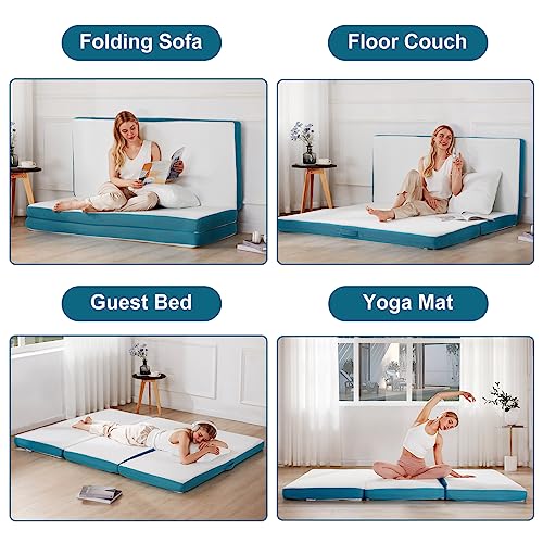 SINWEEK Memory Foam Folding Mattress, 4 Inch Foldable Trifold Mattress Topper, CertiPUR-US Certified Guest Bed with Cooling Cover & Waterproof Lining