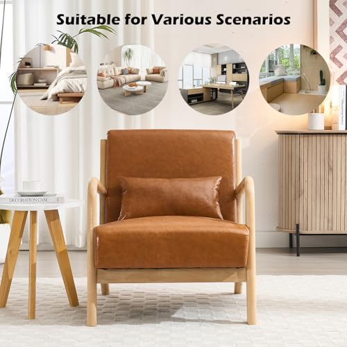 Image of INZOY Mid Century Modern Accent Chair with Wood Frame, Upholstered Living Room Chairs with Waist Cushion, Reading Armchair for Bedroom Sunroom, Light Brown