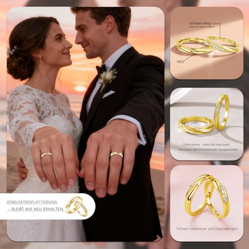Josfeva Alliance en Argent Sterling 925 - Ouverte et Réglable - Bague de Fiançailles et Mariage - Avec Zircone Blanche - Cadeau pour Femme, Homme, Petite Amie – vue 4