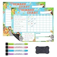 2 Packs Magnetic Reward Charts for Children Behaviour, Reusable Fridge Behaviour Chores Charts for Kids to Motivate Responsibility & Good Habits, with 4 Markers & 1 Eraser, 25.5*20.5cm (Cute Animals)