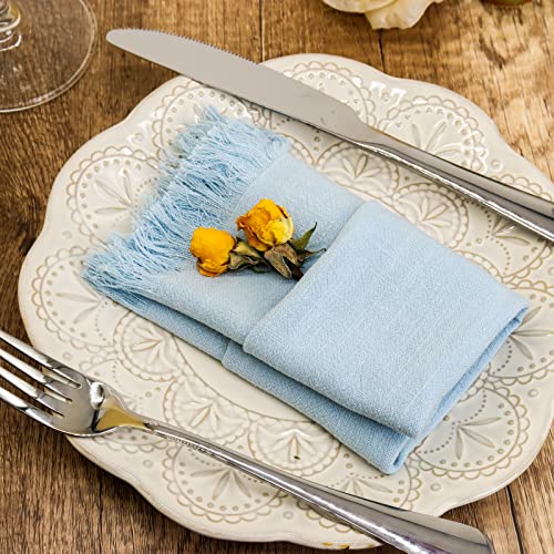 Dololoo Handmade Cloth Napkins, Cotton Linen Cloth Napkins With Fringe, Versatile Handmade Square Rustic Fringe Napkins For Dinner, Wedding And Parties, 18 X 18 Inches Set Of 4, Light Blue #TOP3