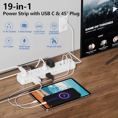 Power Strip Surge Protector,15 Outlets 4 USB 2 USB-C,5Ft Flat Plug,White - image 2
