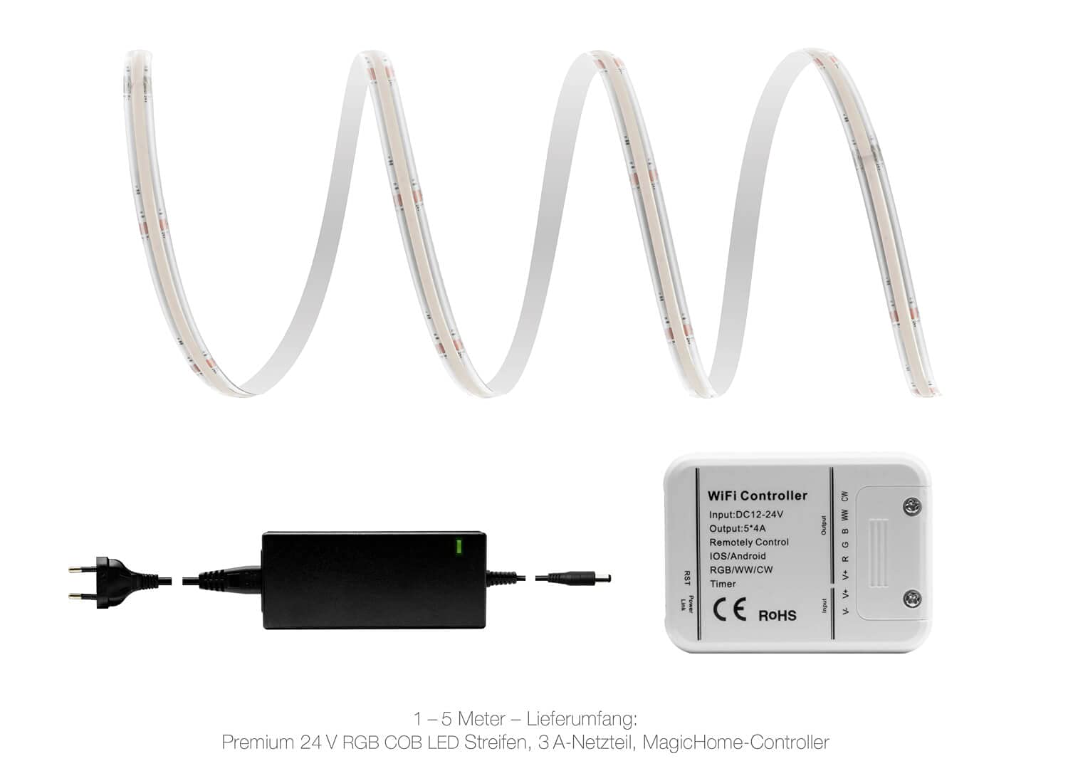 LED Universum Juego de tiras LED COB WLAN RGB con controlador Magic Home y fuente de alimentación, filamento premium, 24 V, tiras LED IP65, multicolor (2 metros)