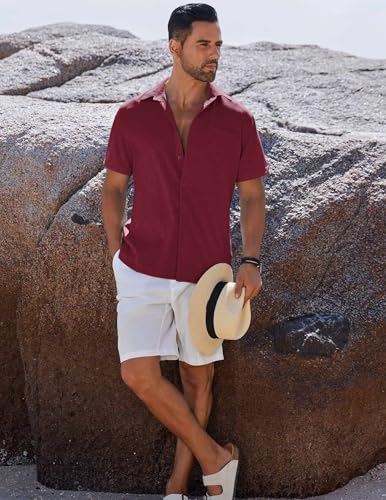 Image of COOFANDY Men's Button Down Shirts Short Sleeve Casual Shirts Summer Beach Linen Shirts with Pocket