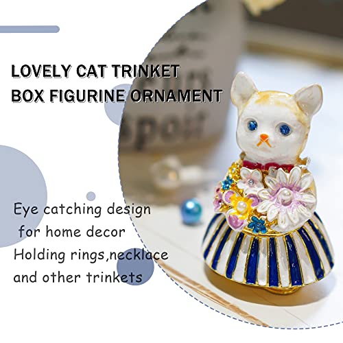 Yu Feng 2.7'' Lovely Cat Trinket Box With Flower Decorative Hinged Crystal Enameled Animal Ornament Decorative Jewelry Ring Store Box Hand-Painted Figurine Collectible #TOP2