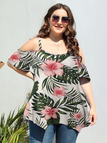 Image of LARACE Cold Shoulder Tops for Womens Summer Clothes Spaghetti Strape Tunic Oversized Shirts Asymmetrical Plus Size Blouse