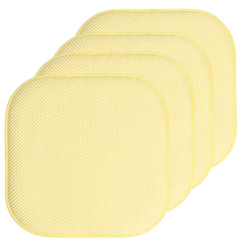 Sweet Home Collection Chair Cushion Memory Foam Pads Honeycomb Pattern Slip Non Skid Rubber Back Rounded Square 16" x 16" Seat Cover, 4 Pack, Yellow