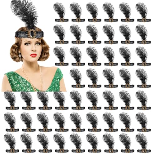 Jexine 30 Pcs 1920s Flapper Headband for Women Feather Headpiece Black