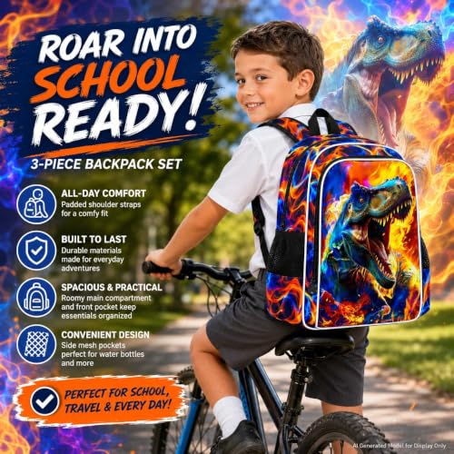 Image of 17 inch Dinosaur Backpack for Boy, 3Pcs Fire Bookbag for Elementary Preschool Kindergarten, Kids School Backpacks with Lunch Box (Red)