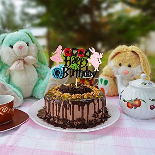 Gyufise 1Pc Alice In Wonderland Birthday Cake Topper Black Glitter Magical Poker Bunny Bowl Clock Fairy Happy Birthday Cake Pick For Baby Shower Kids Girls Birthday Tea Party Cake Decorations Supplies #TOP4