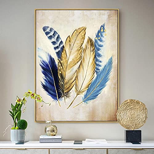 Tirages d'art de prestige plume bleue et feuille d'or toile décoration murale