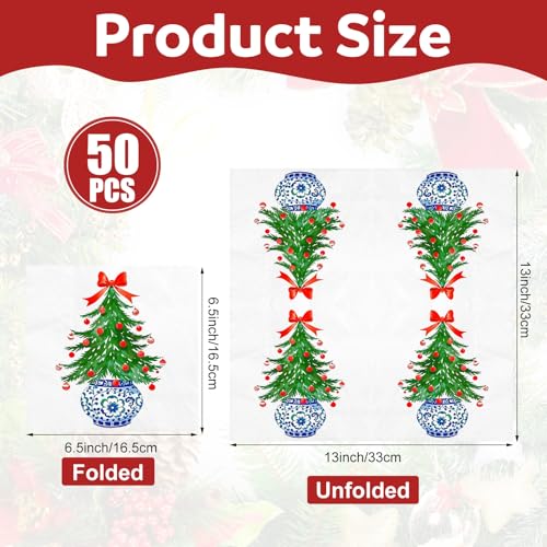 Epakh 50 Pcs Chinoiserie Christmas Tree Guest Napkins Disposable Paper Hand Towel for Bathroom with Christmas Tree Bow Blue and White Porcelain Print for Xmas Party Holiday Decoration (6.5 * 6.5inch) – Image 3