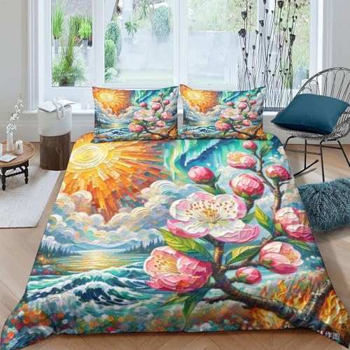 Linge de lit double avec housse de couette fleur de pêche 200x200 cm