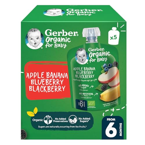 Gerber Organic Puree Pouch in Apple Banana Blueberry & Blackberry Value Pack (90g x 5)