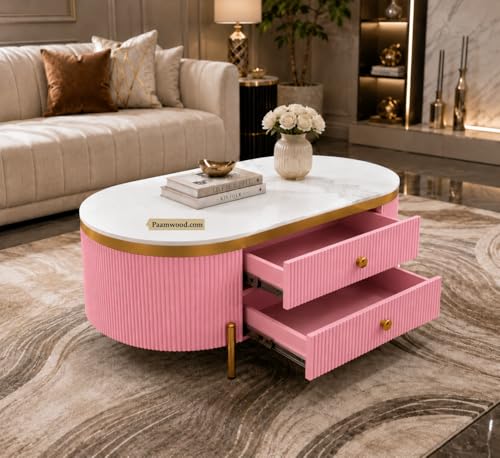 Image of Tesla Centre Table, 42x24x18 Inch, Nano Composite White Marble Top, Gold Accents, 2-Drawer Storage, Oval Design, Waterproof Plywood, PVD Legs, Modern Coffee Table for Living /Entryway