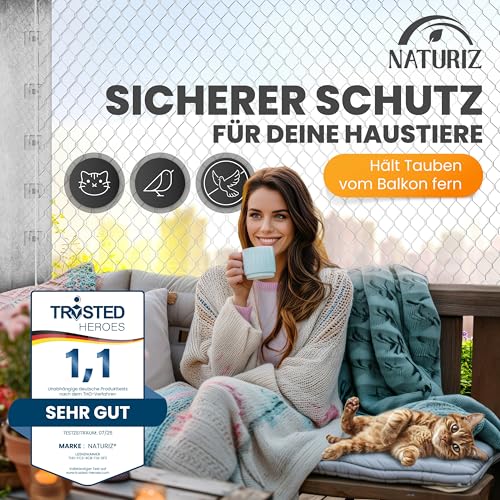 Naturiz® Katzennetz für Balkon ohne Bohren inkl. Klebehaken & Silikonkleber – Katzenschutznetz für Balkon & Fenster, Katzennetz transparent - Taubennetz, Katzenschutznetz, Katzengitter (3x4m)