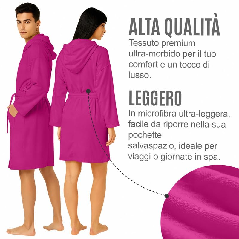 NARCISO - Accappatoio Uomo Donna Microfibra Economico con Tasche Cappuccio e Cintura, Ideale per Casa, Viaggio, Palestra, Tessuto Morbido e Comodo, Taglie dalla S alla XXL