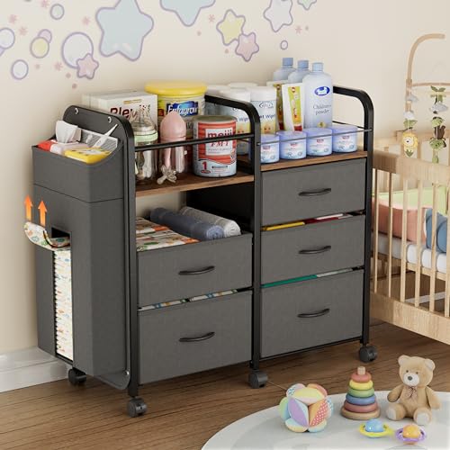 Baby Diaper Caddy Organizer Cart - Bedside Cart with Drawers & Side Storage Nursery Essentials Stuff & Clothes Organization 3 Tier Rolling Carts with Wheels for Nursery Bedroom Easy to Assemble