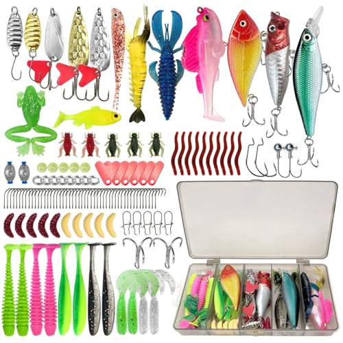 133 PCS Angeln Köder Set mit Köderbox - Zander, Forelle, Barsch, Wobbler Hecht, Angelzubehör, Gemischt Kunstköder, Gummifische, Spinner, Popper, Jigheads, Haken & Zubehör für Süß- & Salzwasser