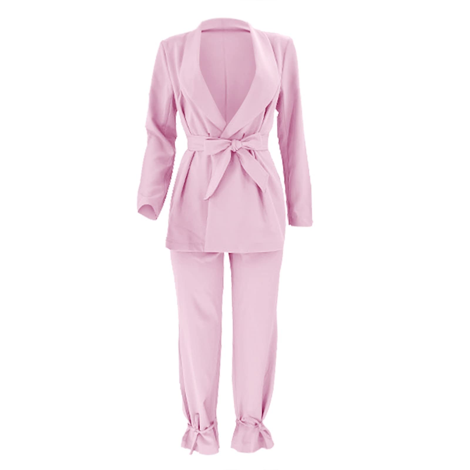Dames Couleur Unie Cravate à Manches Longues Costume Haut à La Mode DéContracté Beamtie Pantalon Ensemble Manteau Rouge (Pink, M)