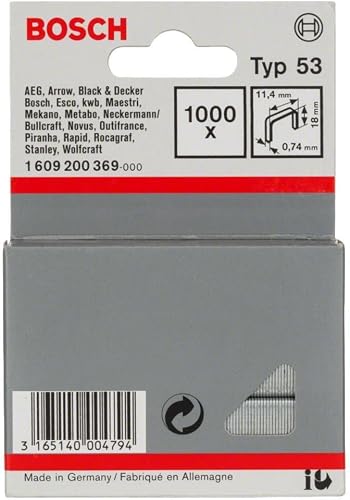 Bosch Professional 1000x Fine Wire Staple Type 53 (Natural Materials, Textiles, Carton, 11.4 x 0.74 x 18 mm, Accessories Tacker, Staple Gun)