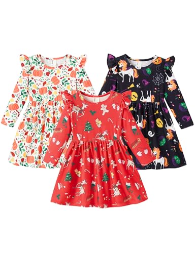 PATPAT 3‑Pack Long Sleeve Dresses for Girls – Festive Toddler