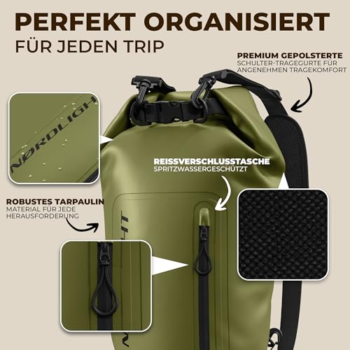 Nordlight Dry Bag wasserdichte Tasche mit Handyhülle + Roll-Top, Schultergurt | Drybag wasserfester Rucksack Beutel Packsack Seesack Wassersack Wetbag | Baden Schwimmen Strand SUP – Olivgrün, 20 Liter