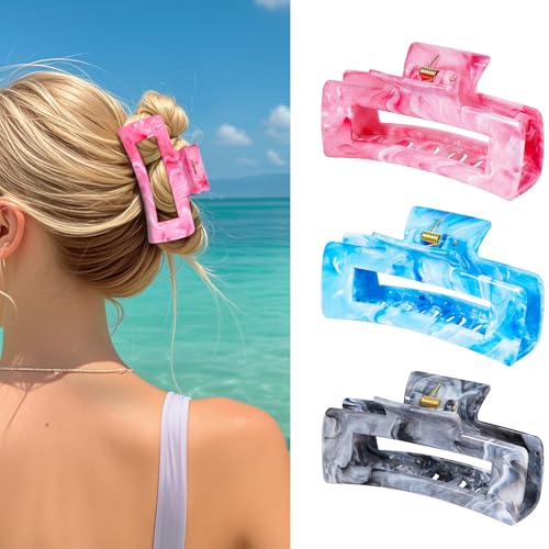 3Pcs Hair Claw Clips for Women, 4.1 Inch Non slip Medium Claw Clip, Reference Ink Painting Design, Ideal for Home Party and Work Styling, Hair Accessories for Girls Gift (Pink Blue Gray) Pin