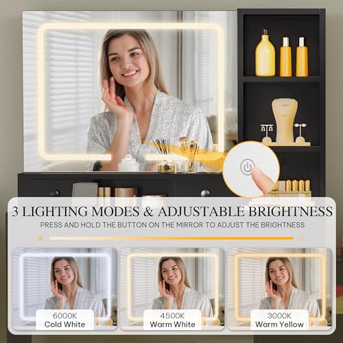 Image of DWVO Large Vanity Desk with Mirror - RGB LED and Charging Station, Make up Vanity Mirror with 3 Lights Mode and Brightness Adjusted, Large Storage Space-10 Drawers, 3 Open Shelves, Black