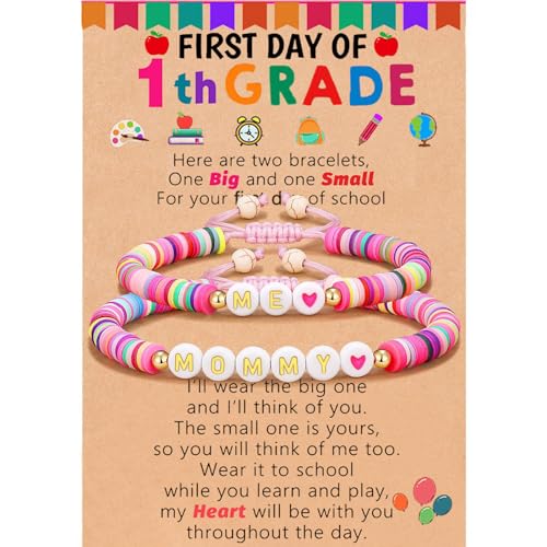Image of 2Pcs First Day of School Bracelet MAMA /Mother And ME /Daughter Pink Polymer Clay Rope Heart Beaded Bracelet With Message Card Protection Anxiety Relief Jewelry Back To School Gifts-1 Grade