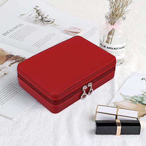 Jewellery Box Organiser, Small Faux Leather Travel Jewelry Case with Zippers, Jewelry Organiser Storage for Rings Earrings Necklace Bracelets, Red